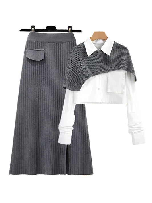 Spring Autumn Large Size Women's Shawl Shirt Three-piece Set+High Waist Knitting Half-body Skirt Set Women Fashion 3 Piece Set