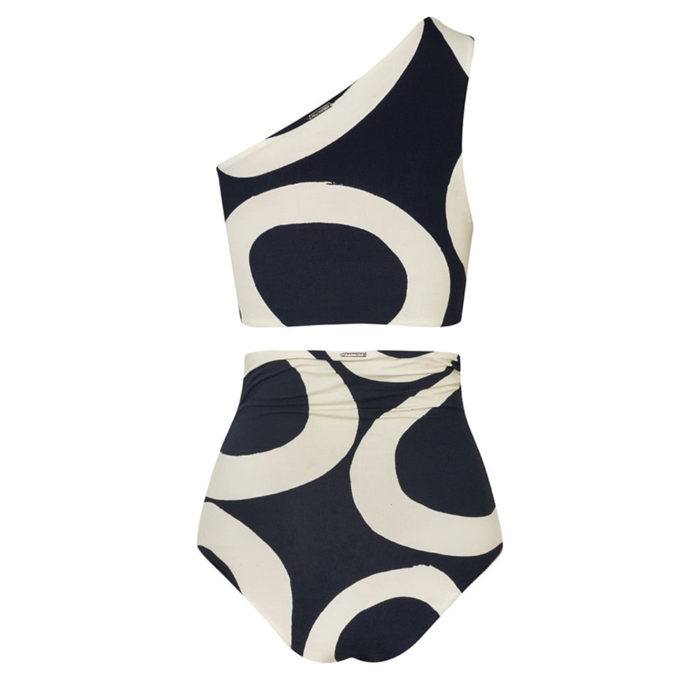 Colorblock Round Print Sexy One Shoulder High Waist Cut Two Piece Bikini Backless Elegant Beachwear Swimsuit