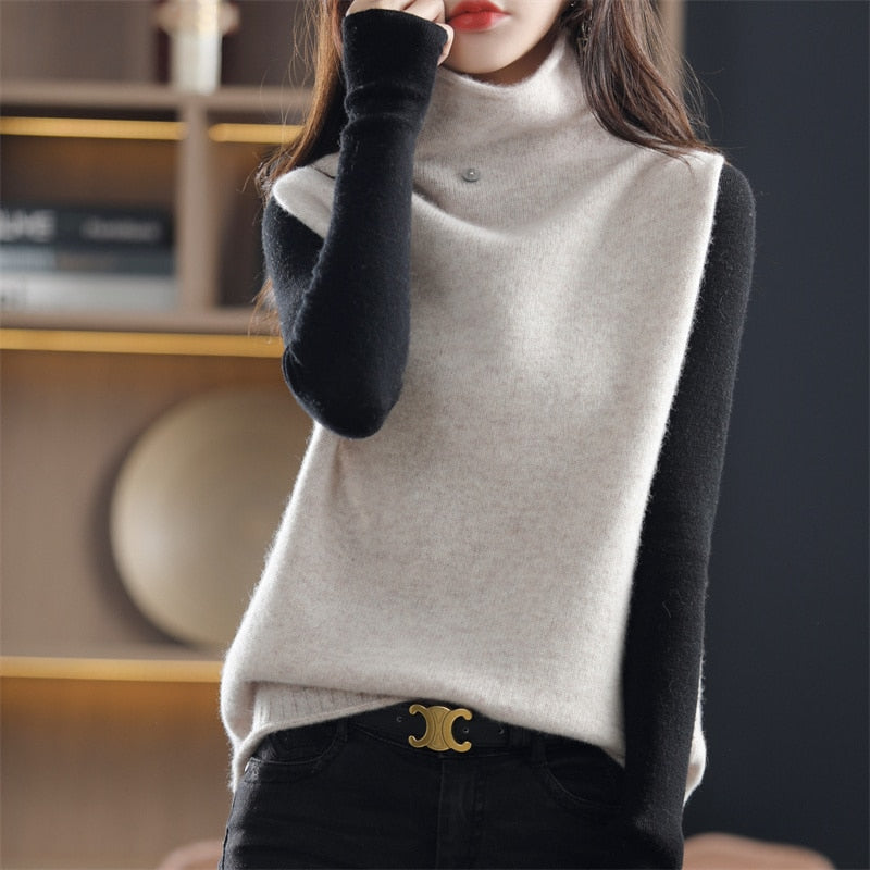 Women's Cashmere High Neck 100% Wool Vest Autumn and Winter Knitted Loose Sleeveless Pullover Sweater