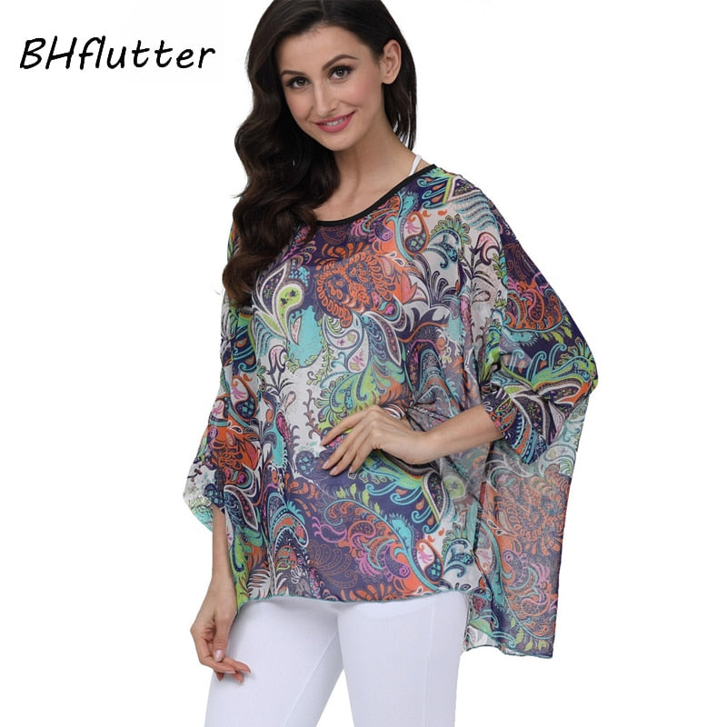 Curvy Size Women's Chiffon Batwing Sleeve Letters Print Summer Tops Blouses