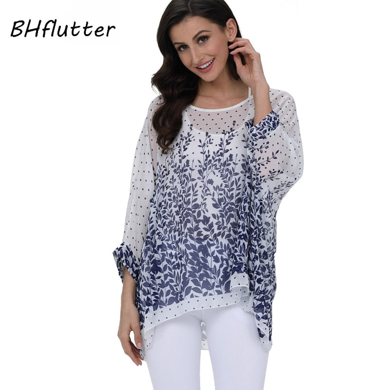 Curvy Size Women's Chiffon Batwing Sleeve Letters Print Summer Tops Blouses
