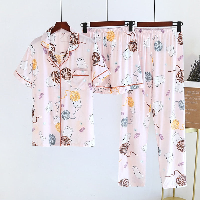 Pajamas For Women's Spring And Summer 100% Viscose Nightwear 3 Piece Set