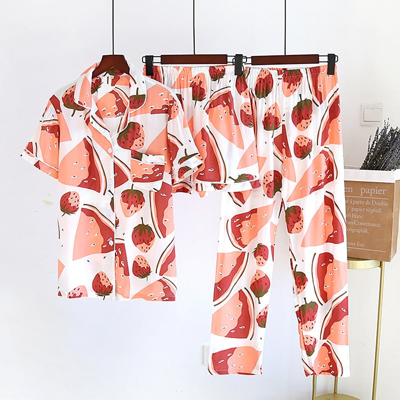 Pajamas For Women's Spring And Summer 100% Viscose Nightwear 3 Piece Set