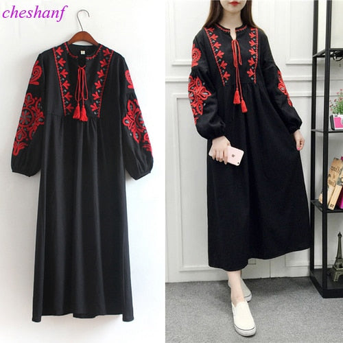 Cheshanf Onesize Floral Embroidered Ethnic Cotton Linen Lantern Long Sleeve Loose Maxi Dress in Black, Blue, or White