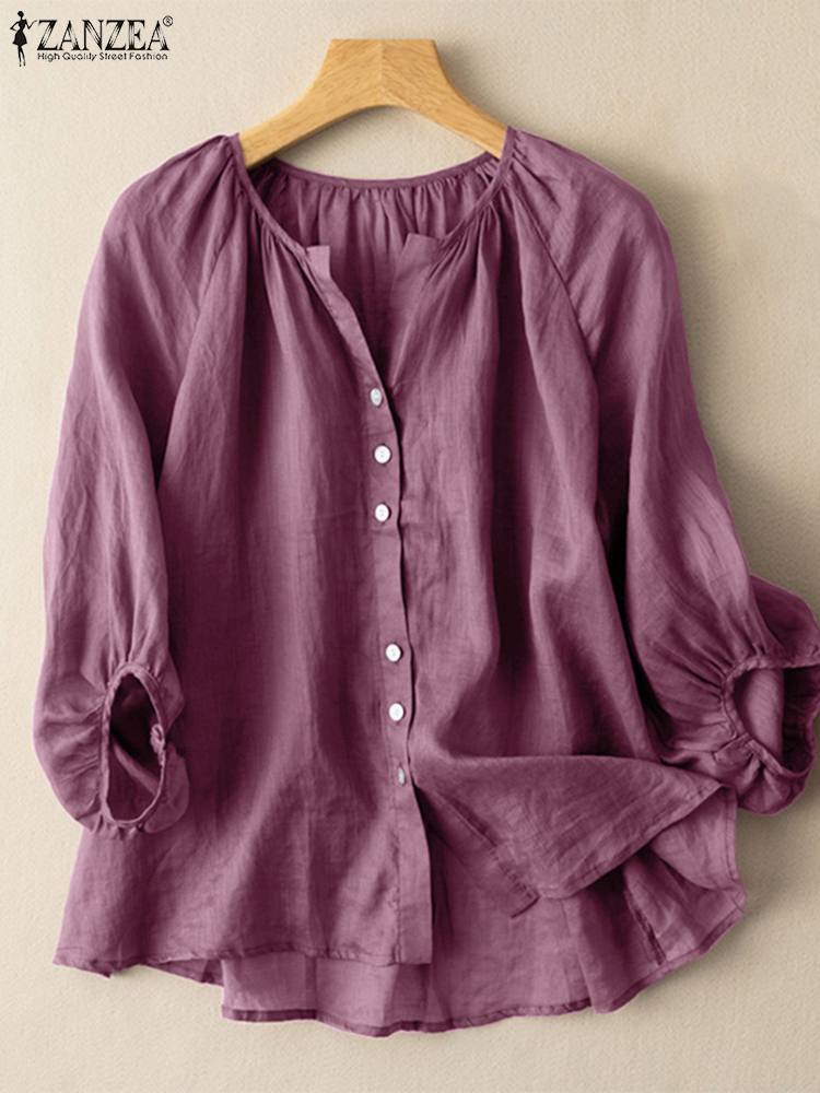 ZANZEA Women Summer Elegant O Neck 3/4 Sleeve Blouse Casual Solid Tops Tunic Loose Buttons