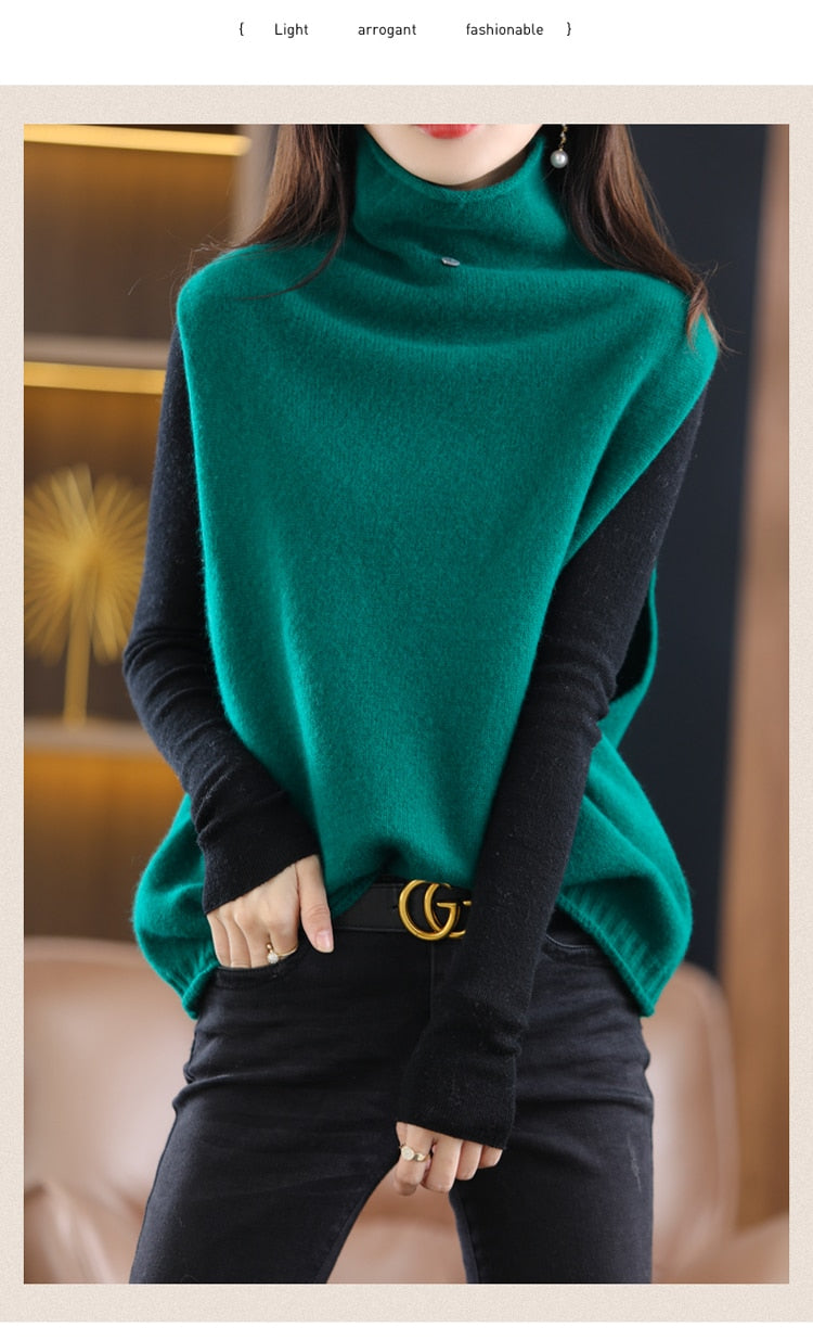 Women's Cashmere High Neck 100% Wool Vest Autumn and Winter Knitted Loose Sleeveless Pullover Sweater