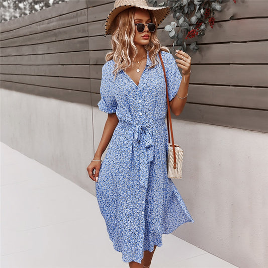 Women's Summer Floral Fashion Casual Short Sleeve Button Midi Dress Elegant Chic V-Neck Boho Beach Dress