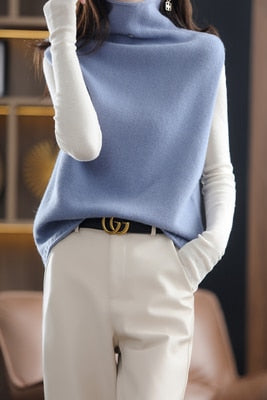 Women's Cashmere High Neck 100% Wool Vest Autumn and Winter Knitted Loose Sleeveless Pullover Sweater