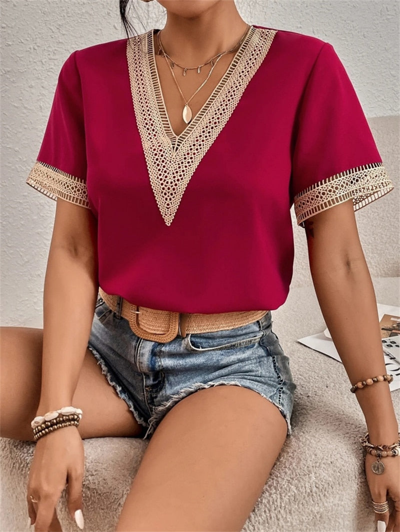 Women's V-neck Splicing Lace Elegant Commuter Loose Short Sleeve Blouse/Shirt Summer British Style Daily Casual Tops