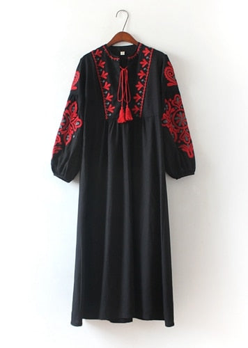 Cheshanf Onesize Floral Embroidered Ethnic Cotton Linen Lantern Long Sleeve Loose Maxi Dress in Black, Blue, or White