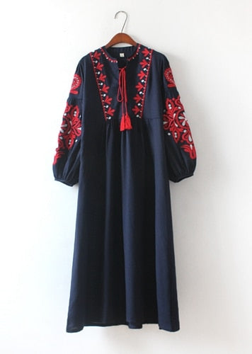 Cheshanf Onesize Floral Embroidered Ethnic Cotton Linen Lantern Long Sleeve Loose Maxi Dress in Black, Blue, or White