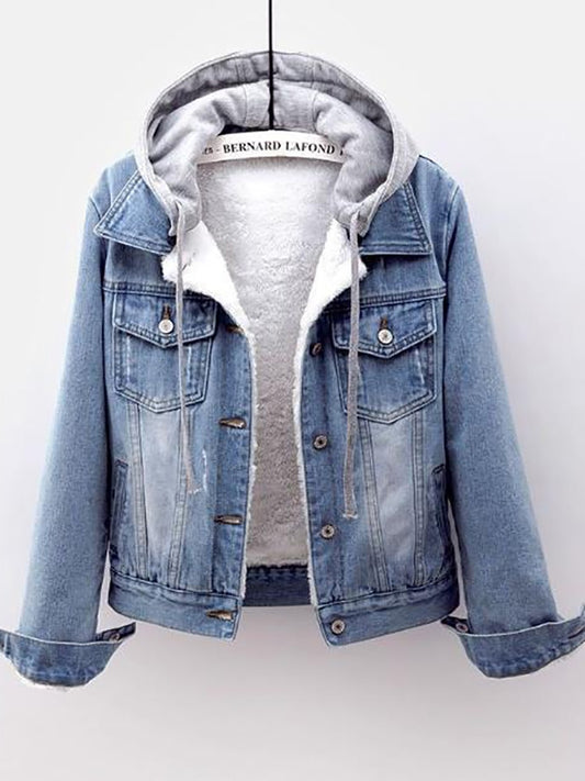 Women's Fleece Warm Winter Jean Jacket w/Pockets & Button Soft Hoodie Warm Outerwear