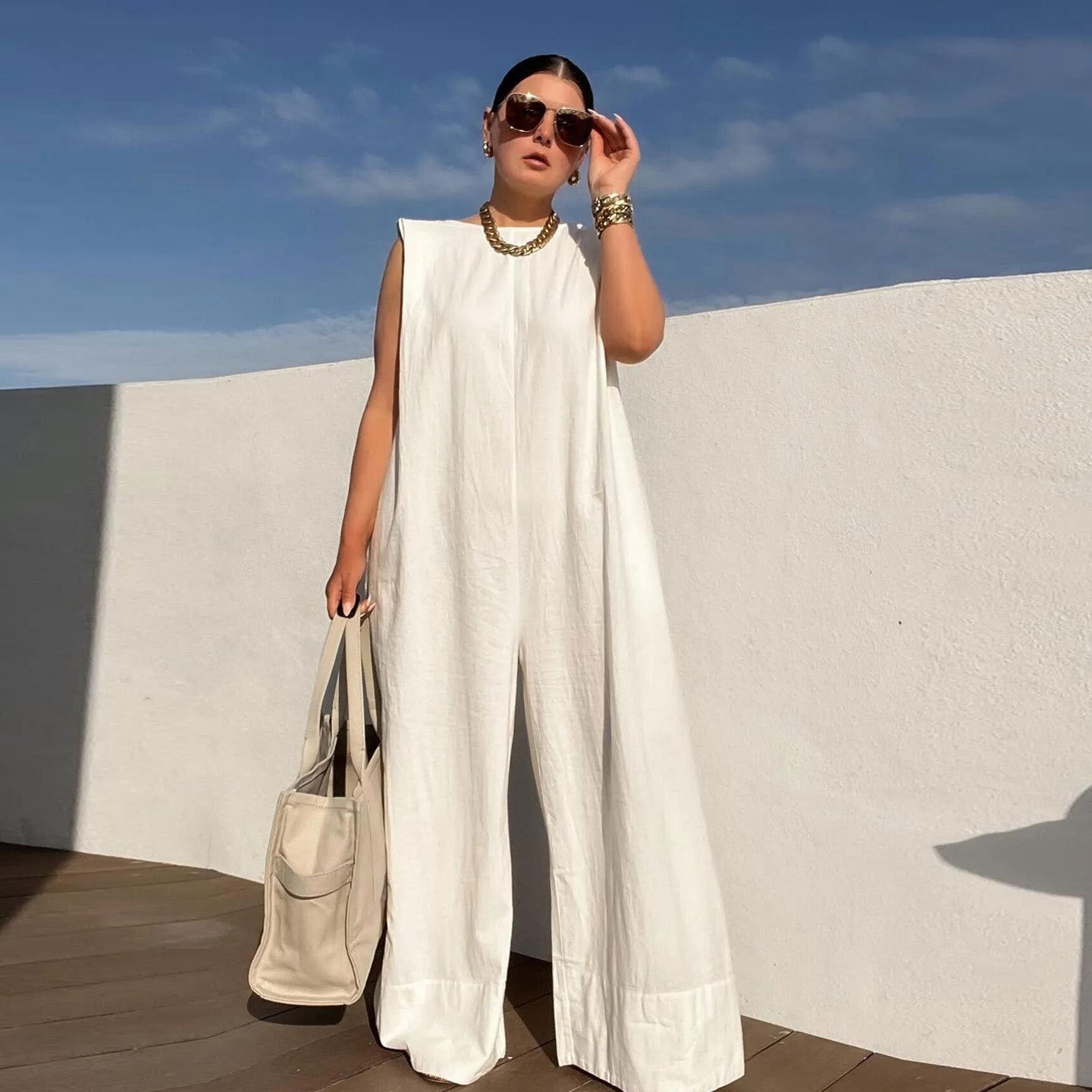 Women's Sleeveless Straight Wide Leg Jumpsuit from Streetwear to Elegant Chic Loose One Piece