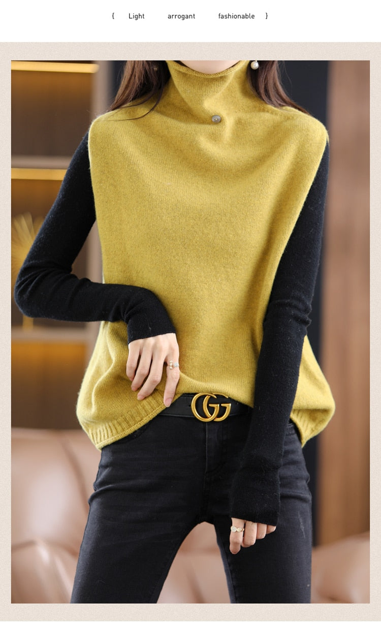 Women's Cashmere High Neck 100% Wool Vest Autumn and Winter Knitted Loose Sleeveless Pullover Sweater