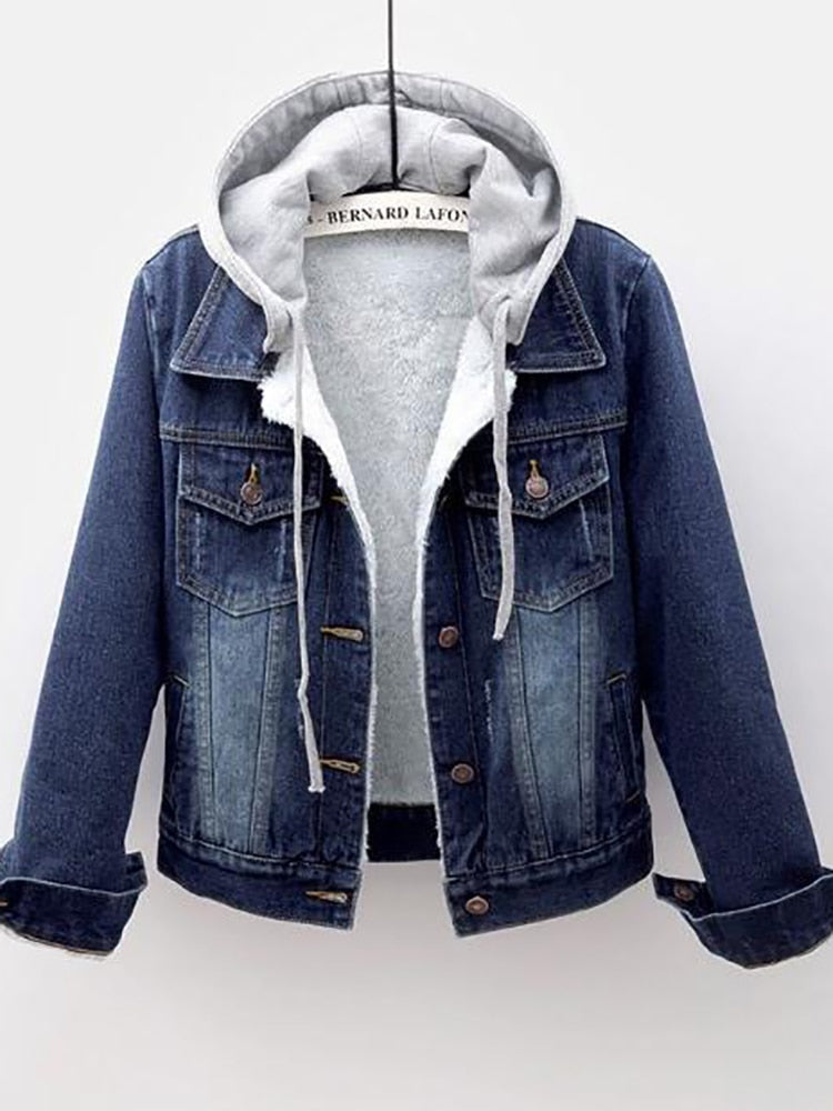 Women's Fleece Warm Winter Jean Jacket w/Pockets & Button Soft Hoodie Warm Outerwear