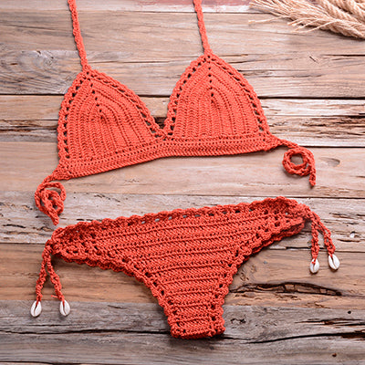 Solid Handmade Crochet Boho Beach Wear Knitted Bikini Top & Thong Short Bottom