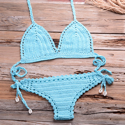 Solid Handmade Crochet Boho Beach Wear Knitted Bikini Top & Thong Short Bottom