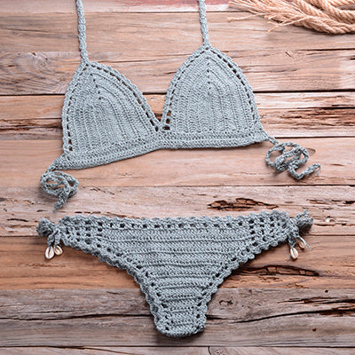 Solid Handmade Crochet Boho Beach Wear Knitted Bikini Top & Thong Short Bottom