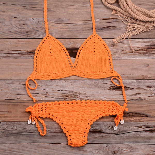 Solid Handmade Crochet Boho Beach Wear Knitted Bikini Top & Thong Short Bottom