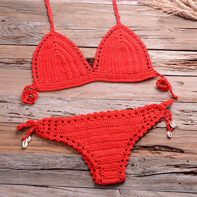 Solid Handmade Crochet Boho Beach Wear Knitted Bikini Top & Thong Short Bottom