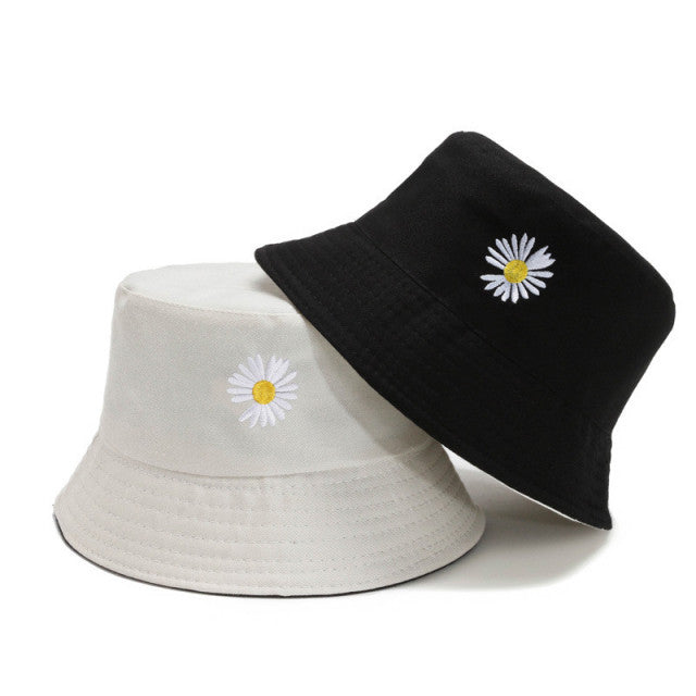 Unisex Bucket Double-Sided Cotton Sunscreen Daisy Embroidery Fisherman Caps