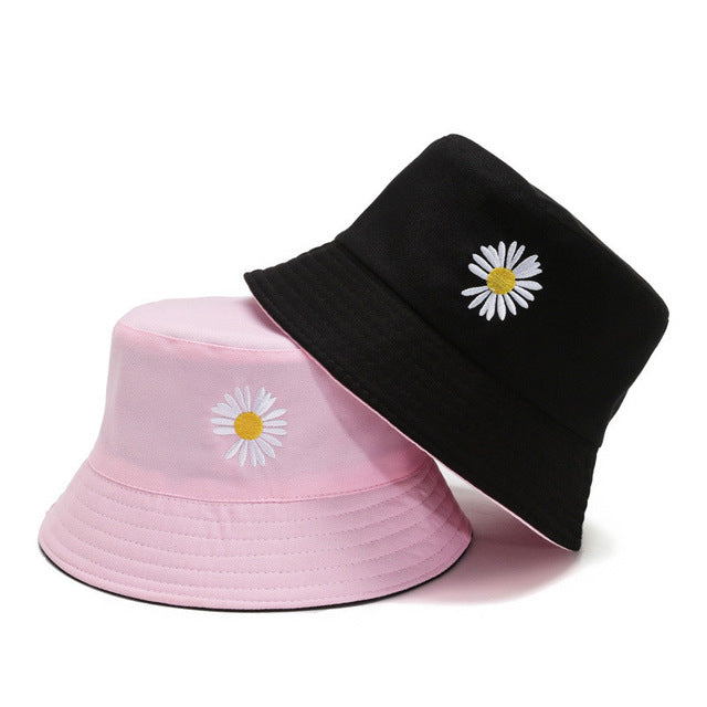 Unisex Bucket Double-Sided Cotton Sunscreen Daisy Embroidery Fisherman Caps