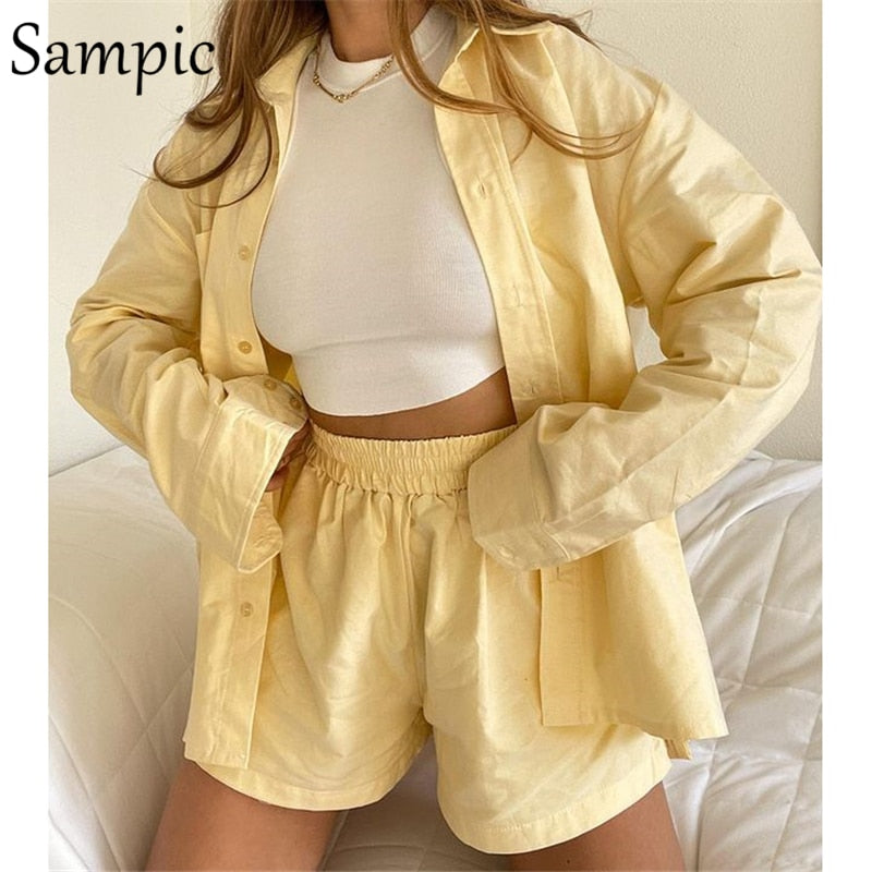 2 pc Casual Women's Yellow Lounge Wear Shorts Set. The Set Features A Long Sleeve Shirt Top And Mini Short.