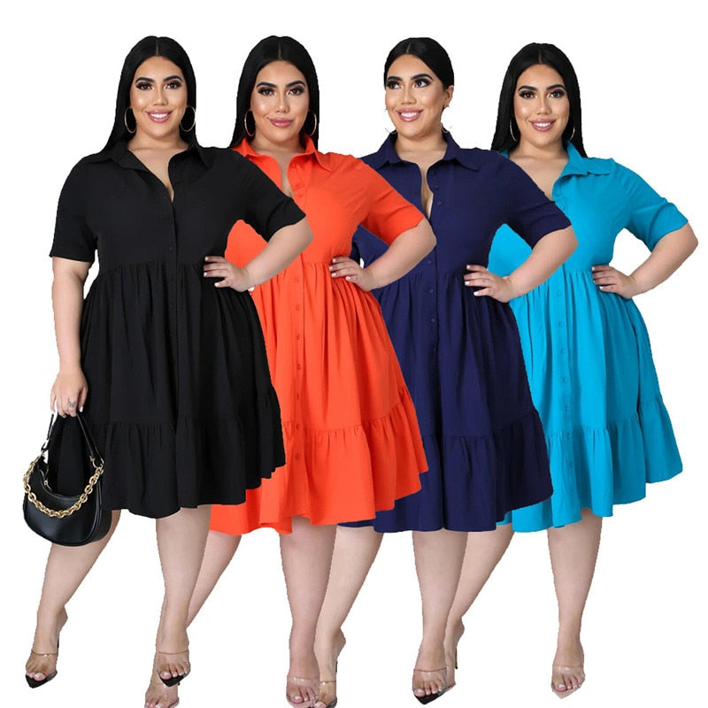 New Plus Size Casual Turn Down Collar Knee Length Ruffle Shirt Dress