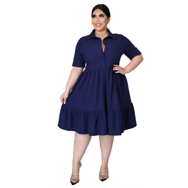 New Plus Size Casual Turn Down Collar Knee Length Ruffle Shirt Dress