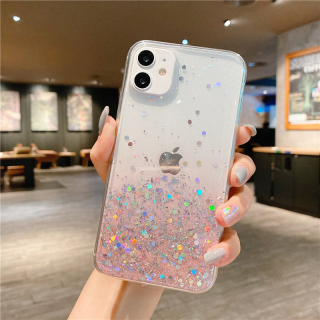 Clear Glitter Phone Case For iPhone w/Cute Gradient Rainbow Sequins