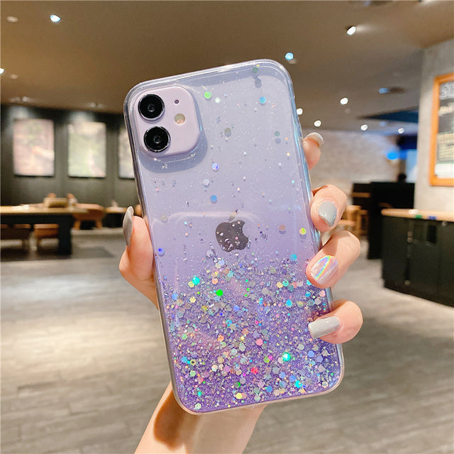 Clear Glitter Phone Case For iPhone w/Cute Gradient Rainbow Sequins