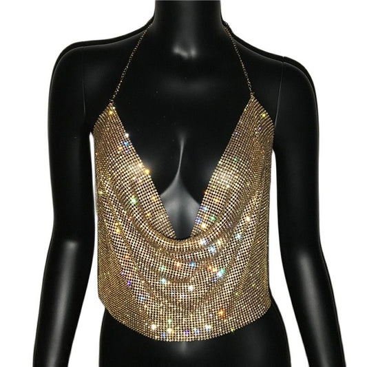 Brilliant Rhinestone Backless Party Crop Top Deep V Neck Tank Top