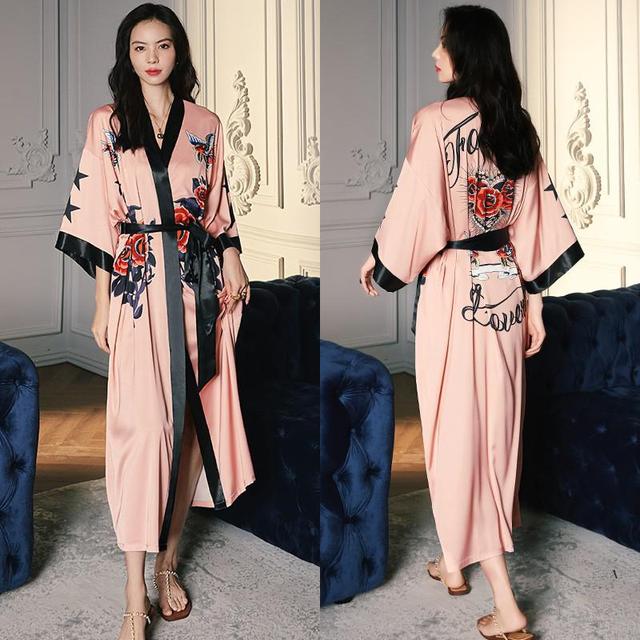 Print Nightwear Women's Satin Kimono Robe