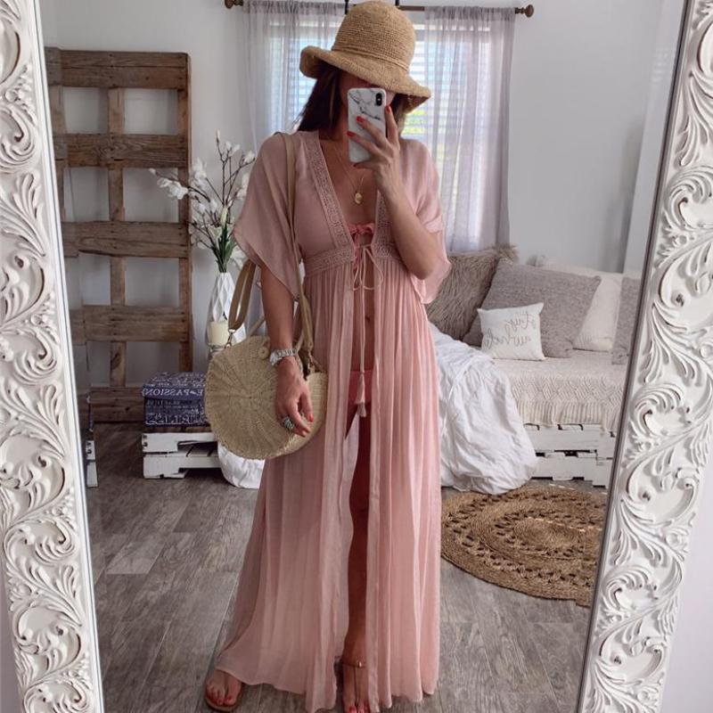 Solid Lace Beach Cover Up Long Cardigan Beach Dress Kaftan