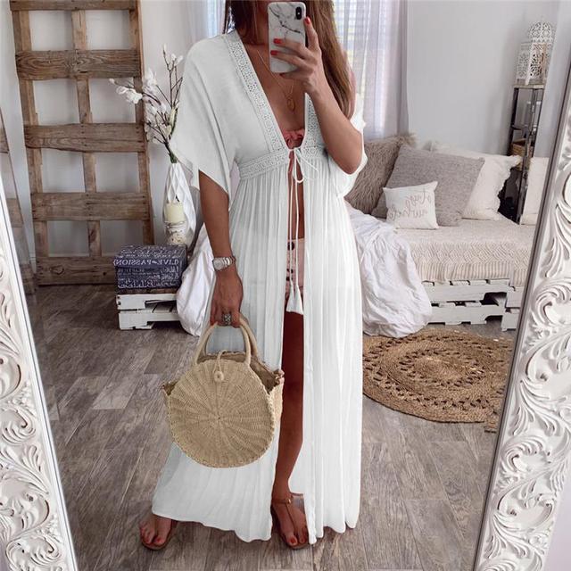 Solid Lace Beach Cover Up Long Cardigan Beach Dress Kaftan