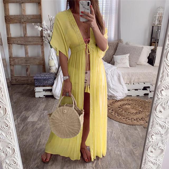 Solid Lace Beach Cover Up Long Cardigan Beach Dress Kaftan