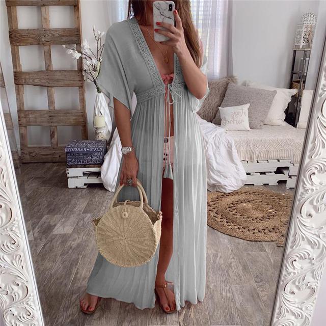 Solid Lace Beach Cover Up Long Cardigan Beach Dress Kaftan