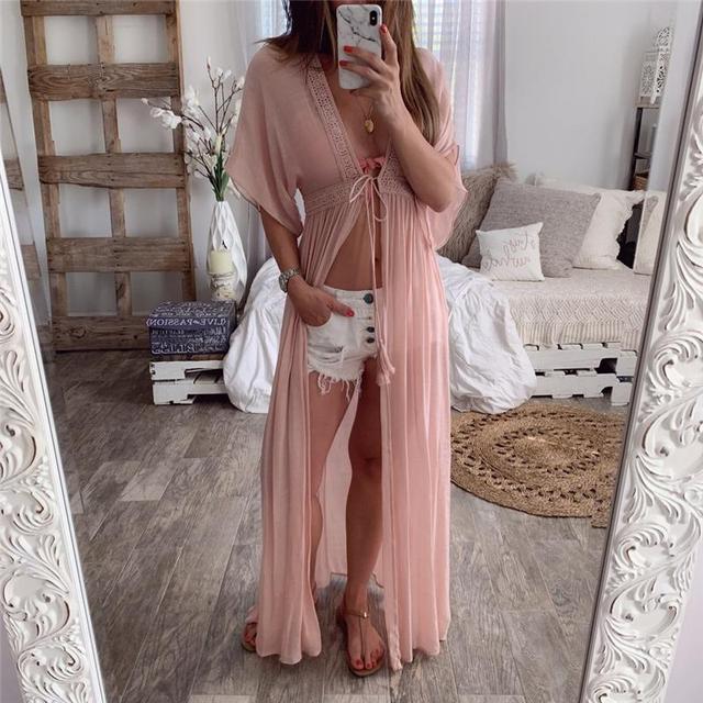 Solid Lace Beach Cover Up Long Cardigan Beach Dress Kaftan