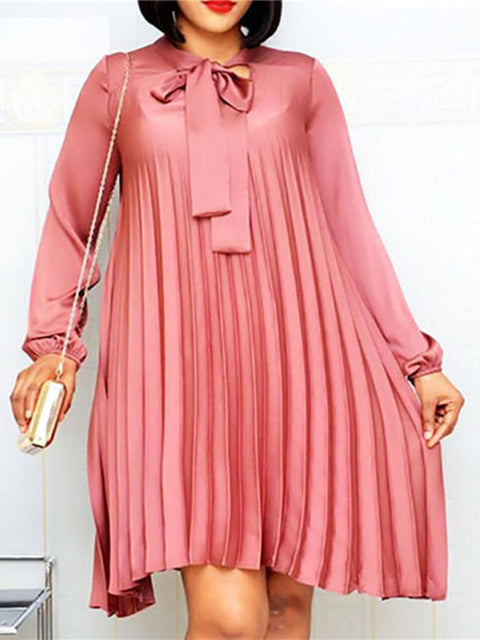 Curvy Size Pleated Knee Length Dress with Bowtie & Long Lantern Sleeves M - 5XL